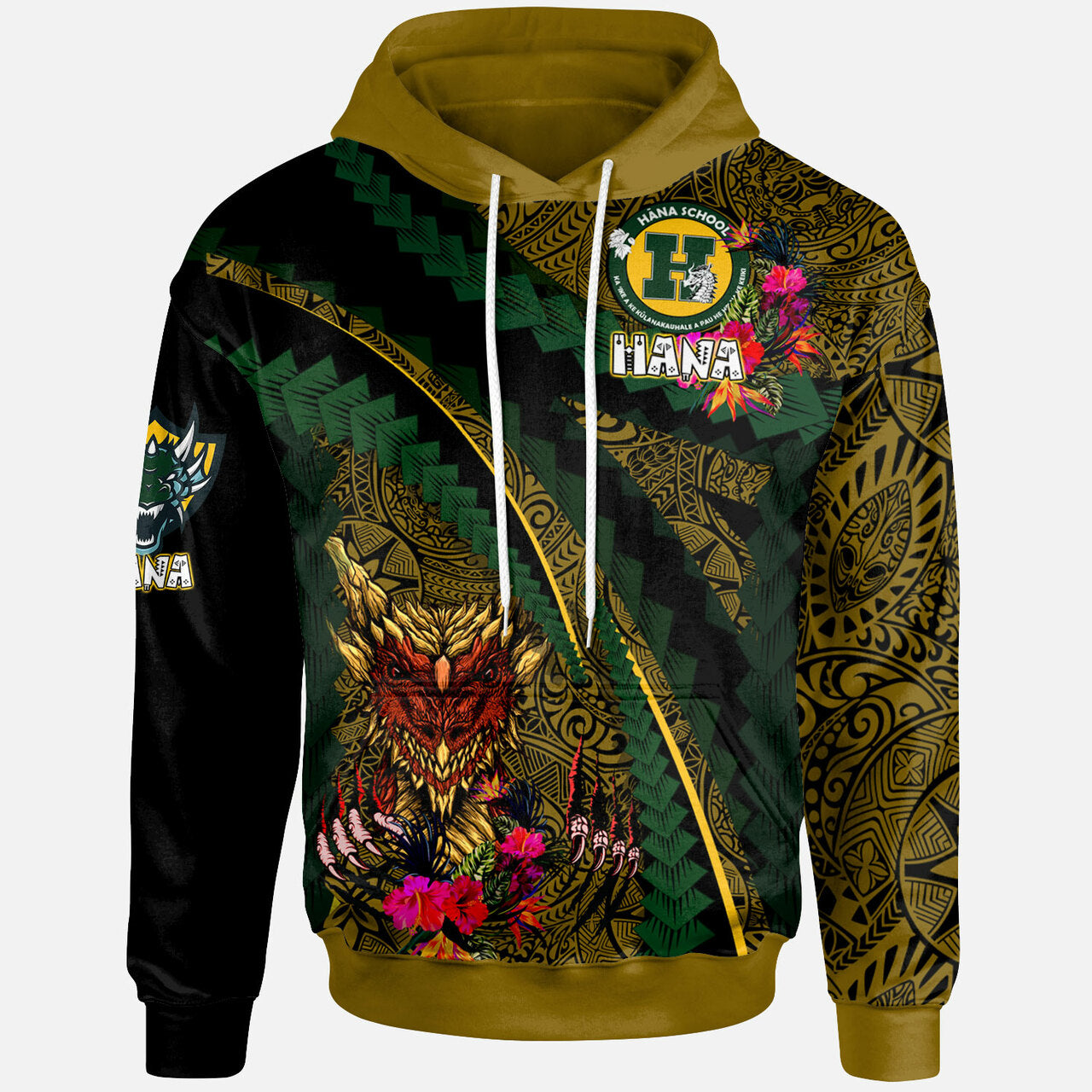 Hawaii Hana High and Elementary School Polynesian Hoodie Hana Super Dragons With Tropical Flowers Tribal Pattern Scratch Style