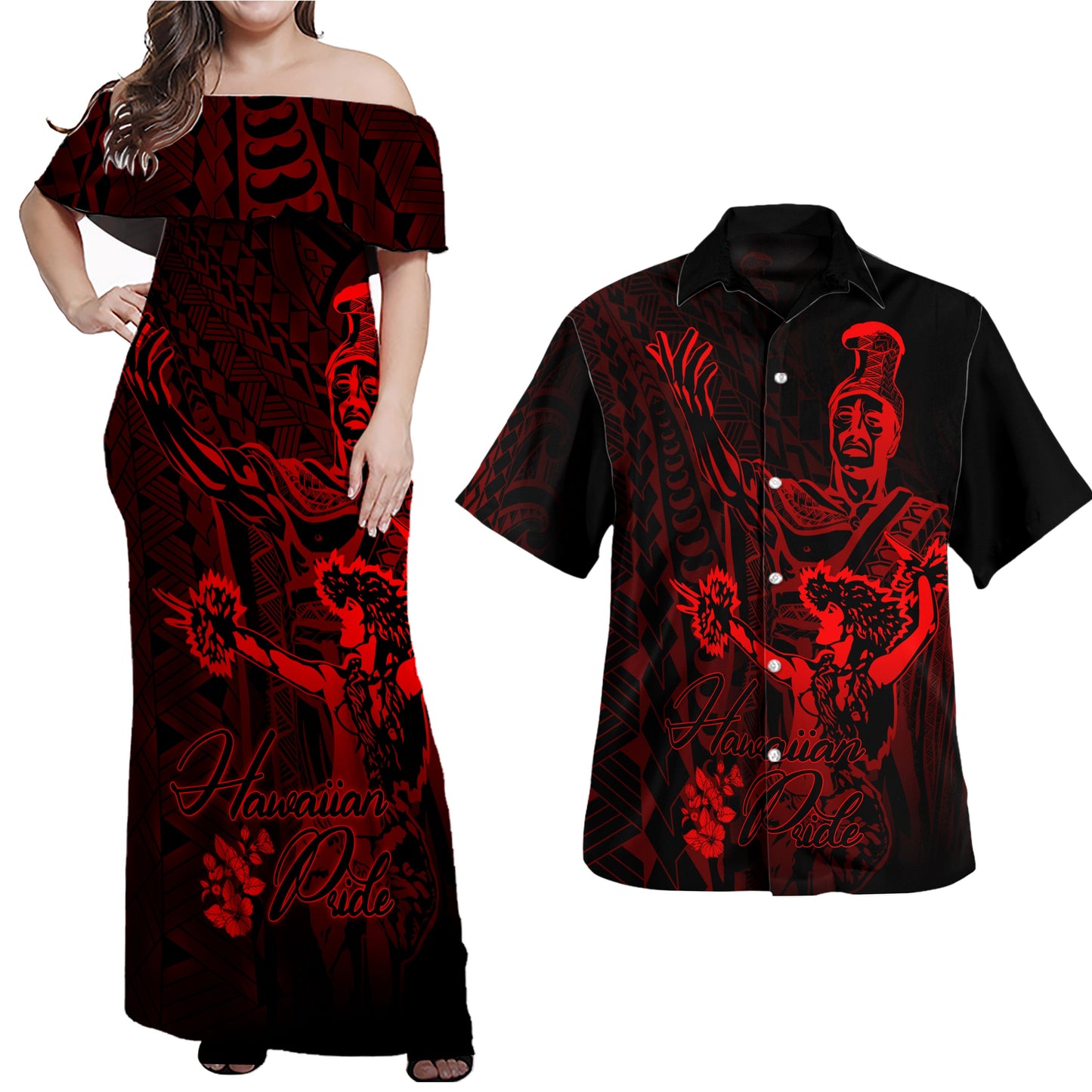 Matching Hawaiian Outfits For Couples Hawaii Polynesian Combo Dress And Hawaiian Shirt King Of Hawaii With Hawaiian Girls Red Version