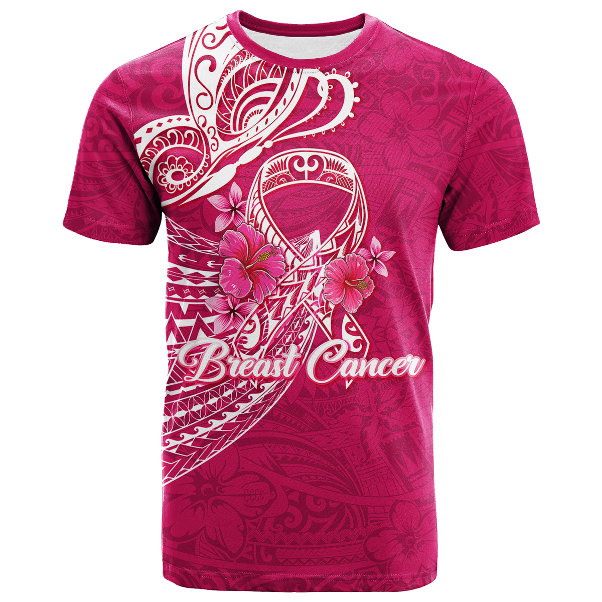 Breast Cancer Pink Ribbon Butterfly Polynesian Pink Version T Shirt 2