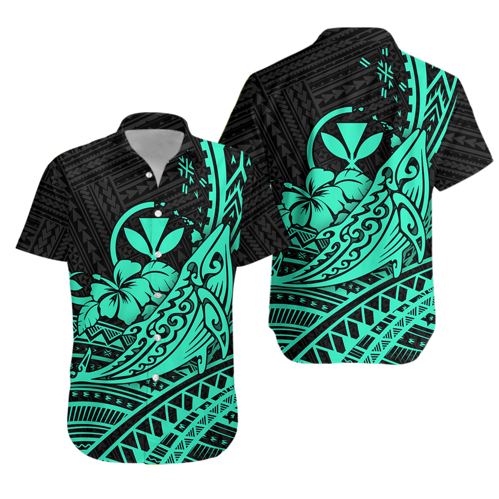 Hawaii Humpback Whale With Hibiscus Tribal Turquoise Hawaiian Shirt -