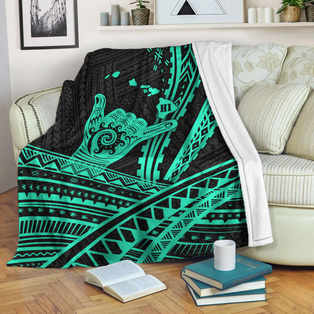 Hawaii Shaka Polynesian Tribal Turquoise Blanket