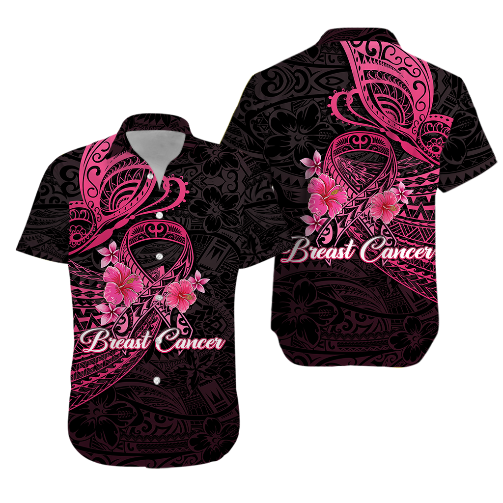 Breast Cancer Pink Ribbon Butterfly Polynesian Black Version Hawaiian Shirt -