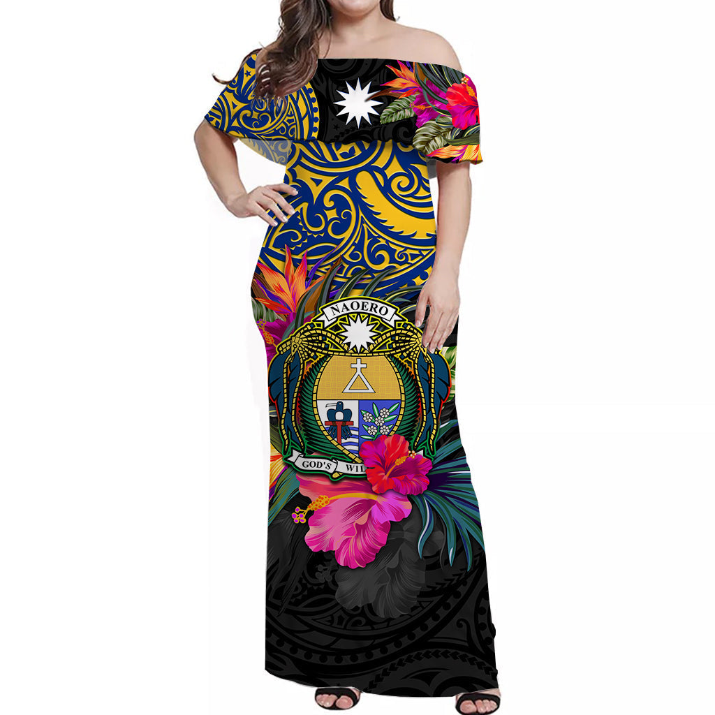Nauru Off Shoulder Long Dress Alluring Polynesia and Tropical Flowers