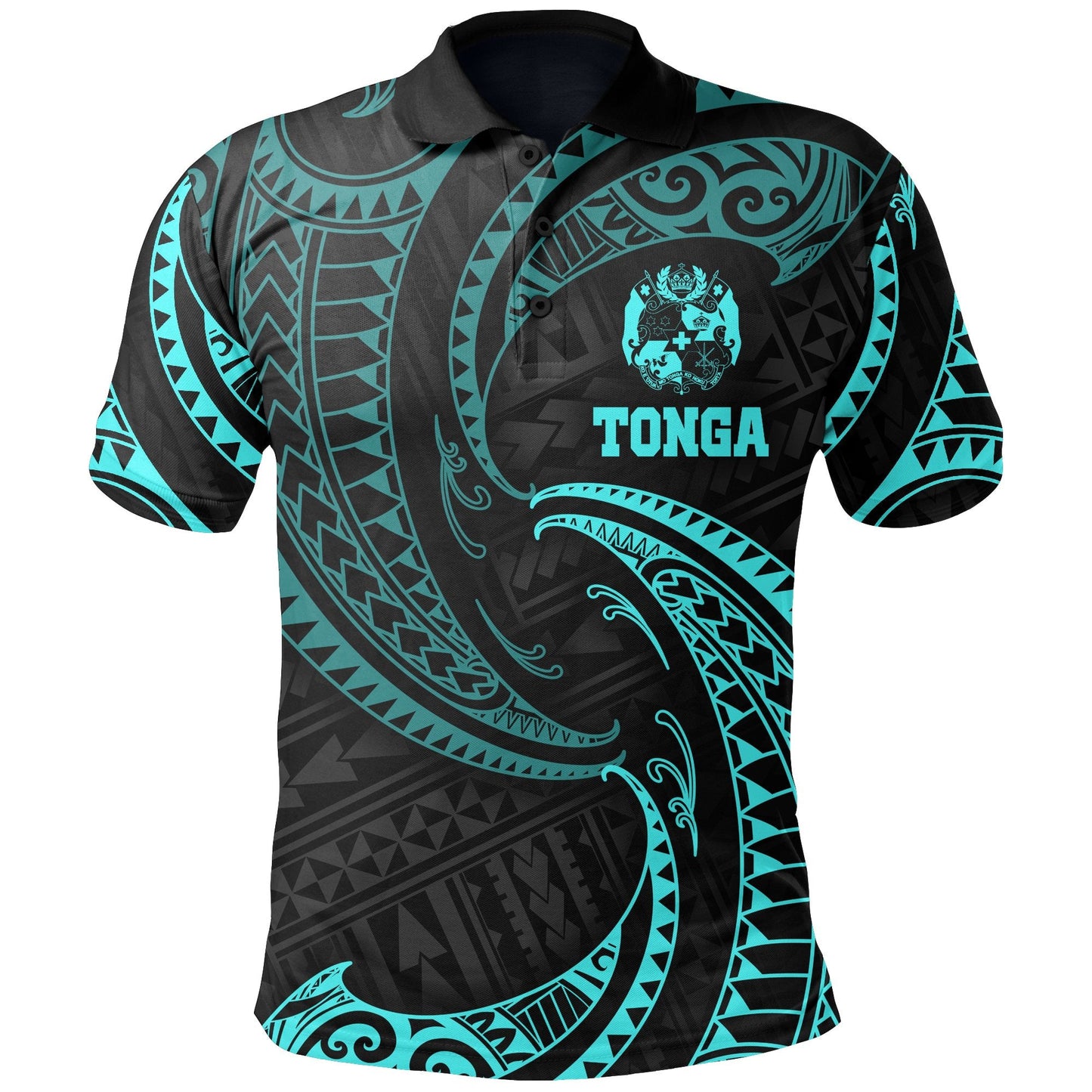 Tonga Polynesian Polo Shirt - Neon Blue Tribal Wave