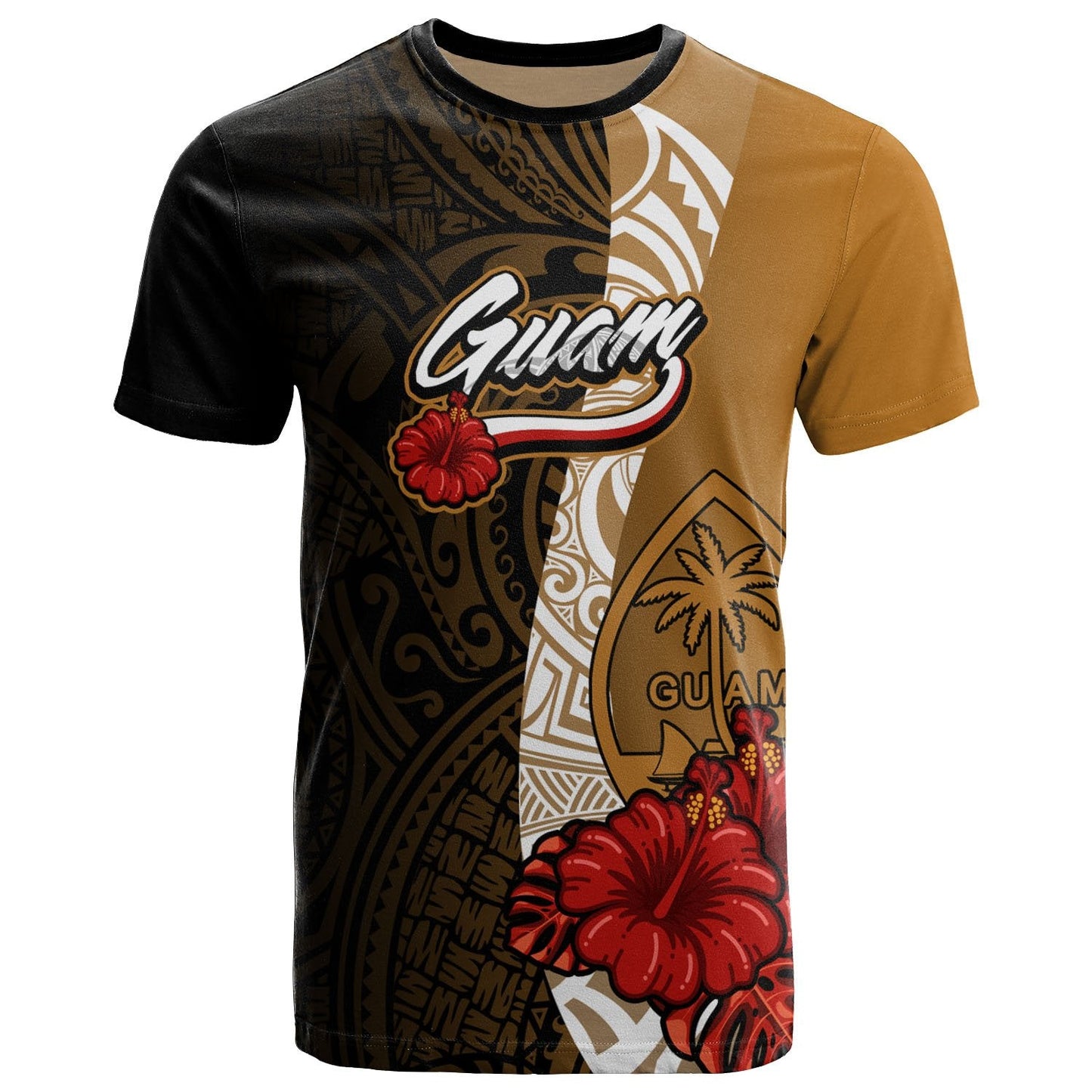 Guam Polynesian T Shirt Coat Of Arms With Hibiscus Gold