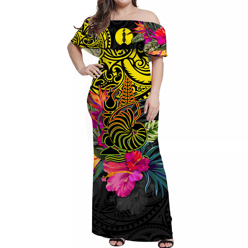 New Caledonia Off Shoulder Long Dress Alluring Polynesia and Tropical Flowers
