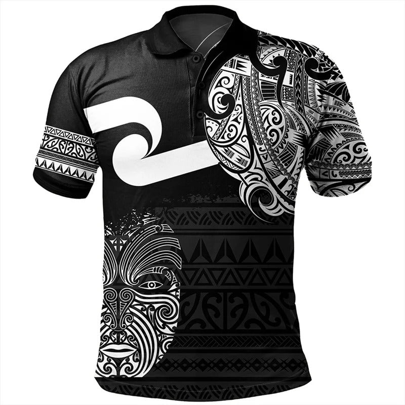 New Zealand Polo Shirt Polynesian Facemask Symbols Tattoo Shirt All Over Print