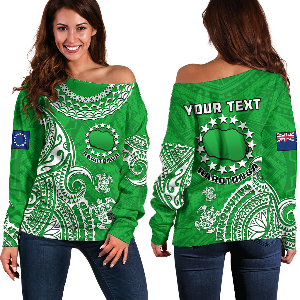 (Custom Personalised) Rarotonga Cook Islands Polynesian Turtle Art Off Shoulder Sweater