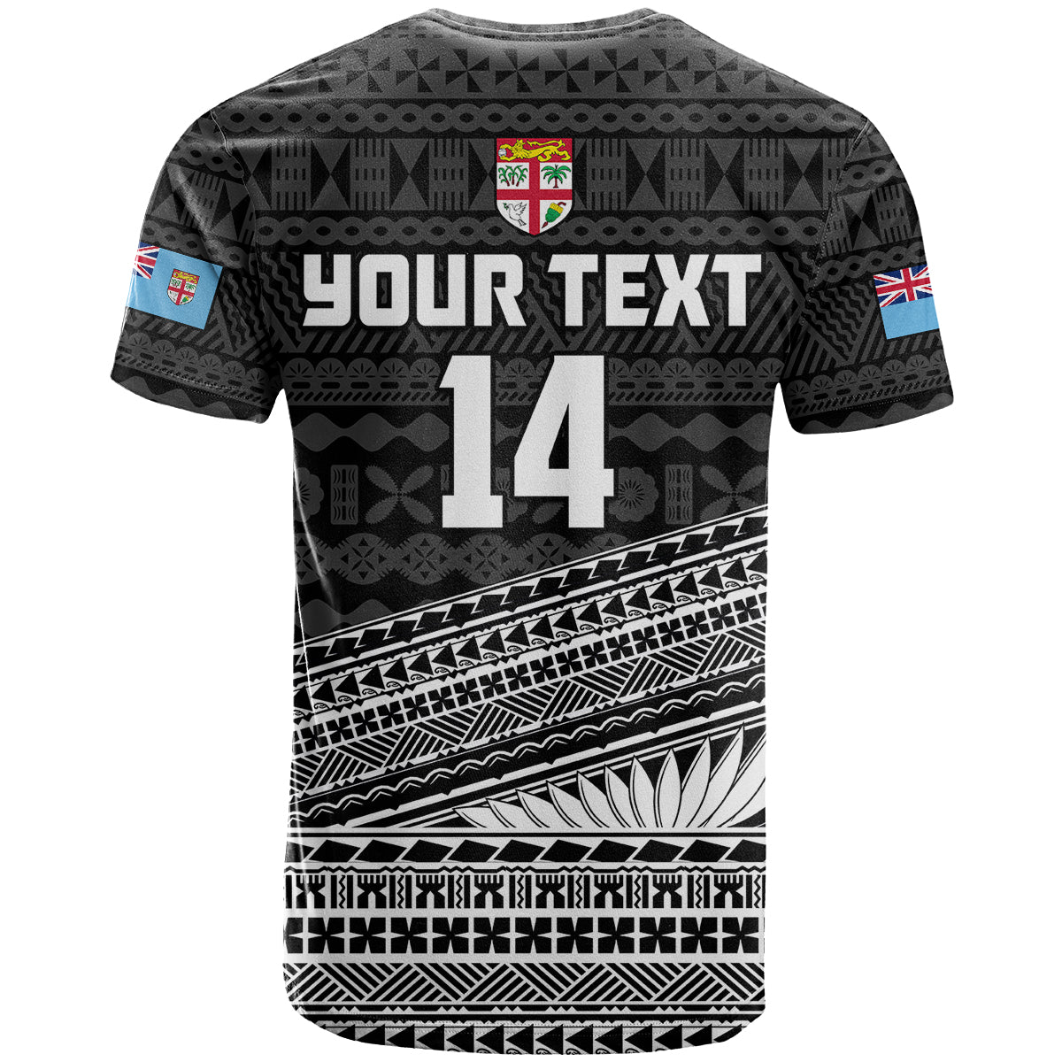 (Custom Text And Number) Fiji Sevens Rugby Fijian 7s Black Tapa Polynesian Art T Shirt
