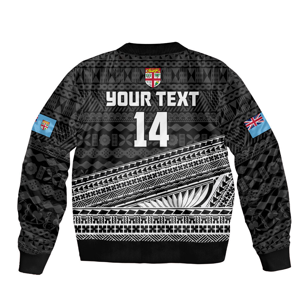 (Custom Text And Number) Fiji Sevens Rugby Fijian 7s Black Tapa Polynesian Art Bomber Jacket