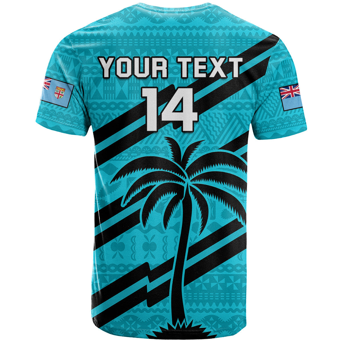 (Custom Text And Number) Fiji Rugby Tapa Pattern Fijian 7s Cyan T Shirt