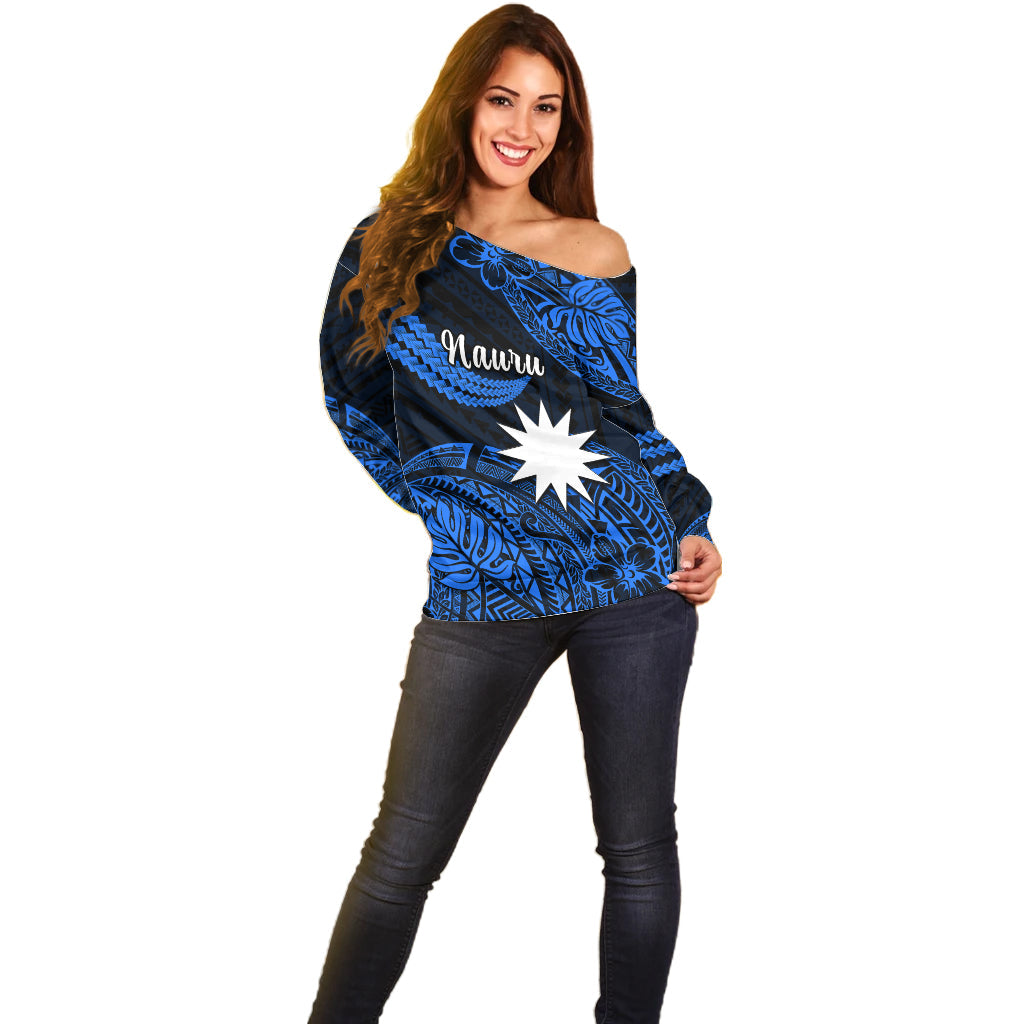 (Custom Personalised) Nauru Polynesian Hibiscus Naoero Blue Off Shoulder Sweater