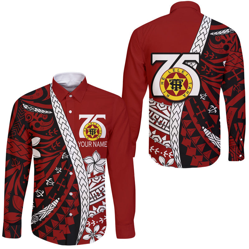 (Custom Personalised) Tonga High School 75th Anniversary Hawaii Long Sleeve Button Shirt Red Polynesian Minimalist Style