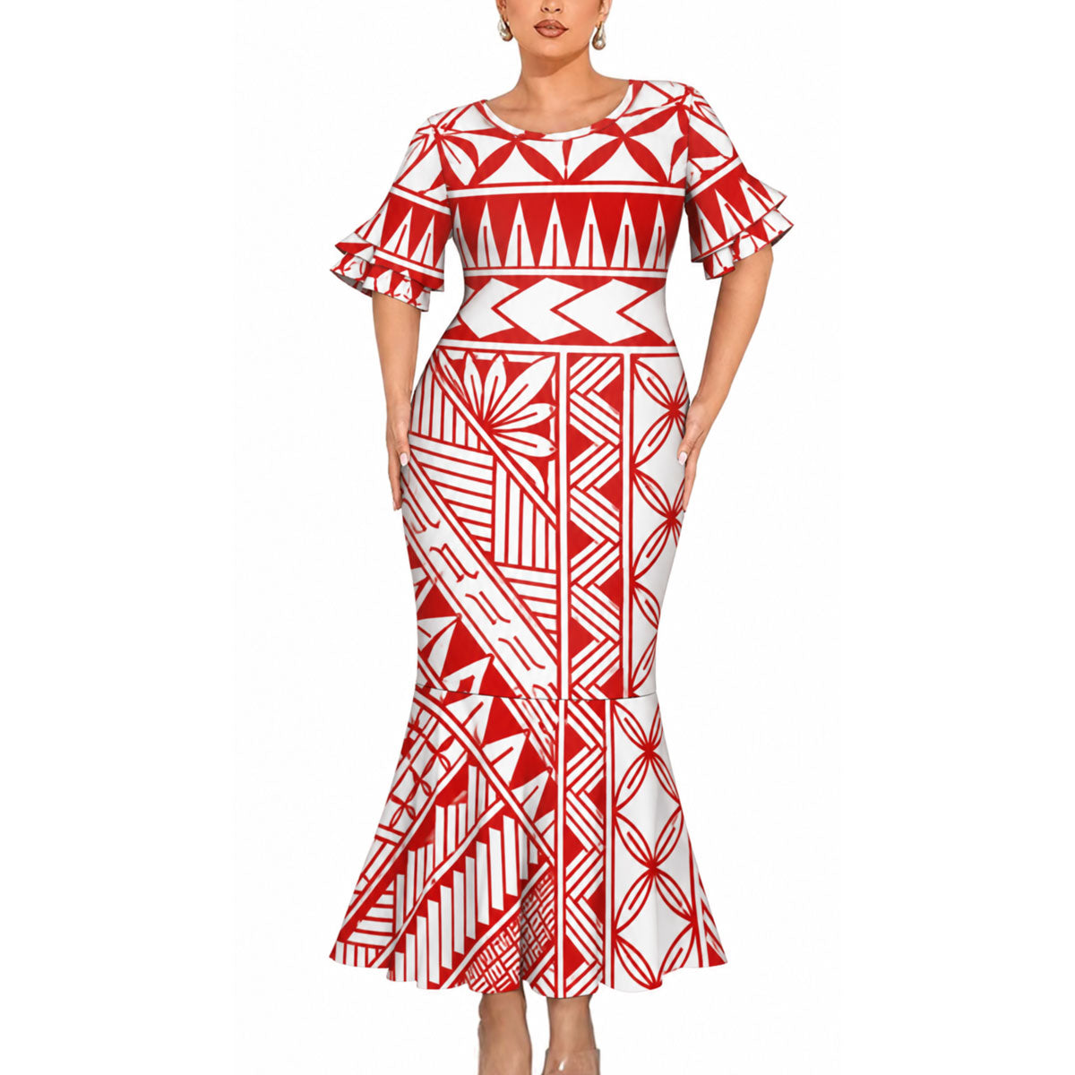 Red Polynesian Tribal Pattern Matching Outfit For Couple Short Sleeve Mermaid Long Dress And Shirt For Him Her