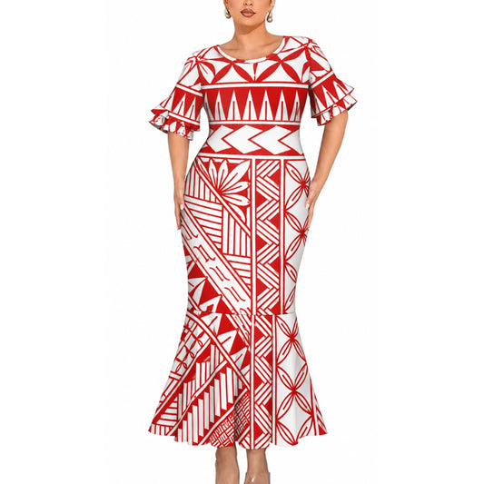 Red Polynesian Tribal Pattern Matching Outfit For Couple Short Sleeve Mermaid Long Dress And Shirt For Him Her