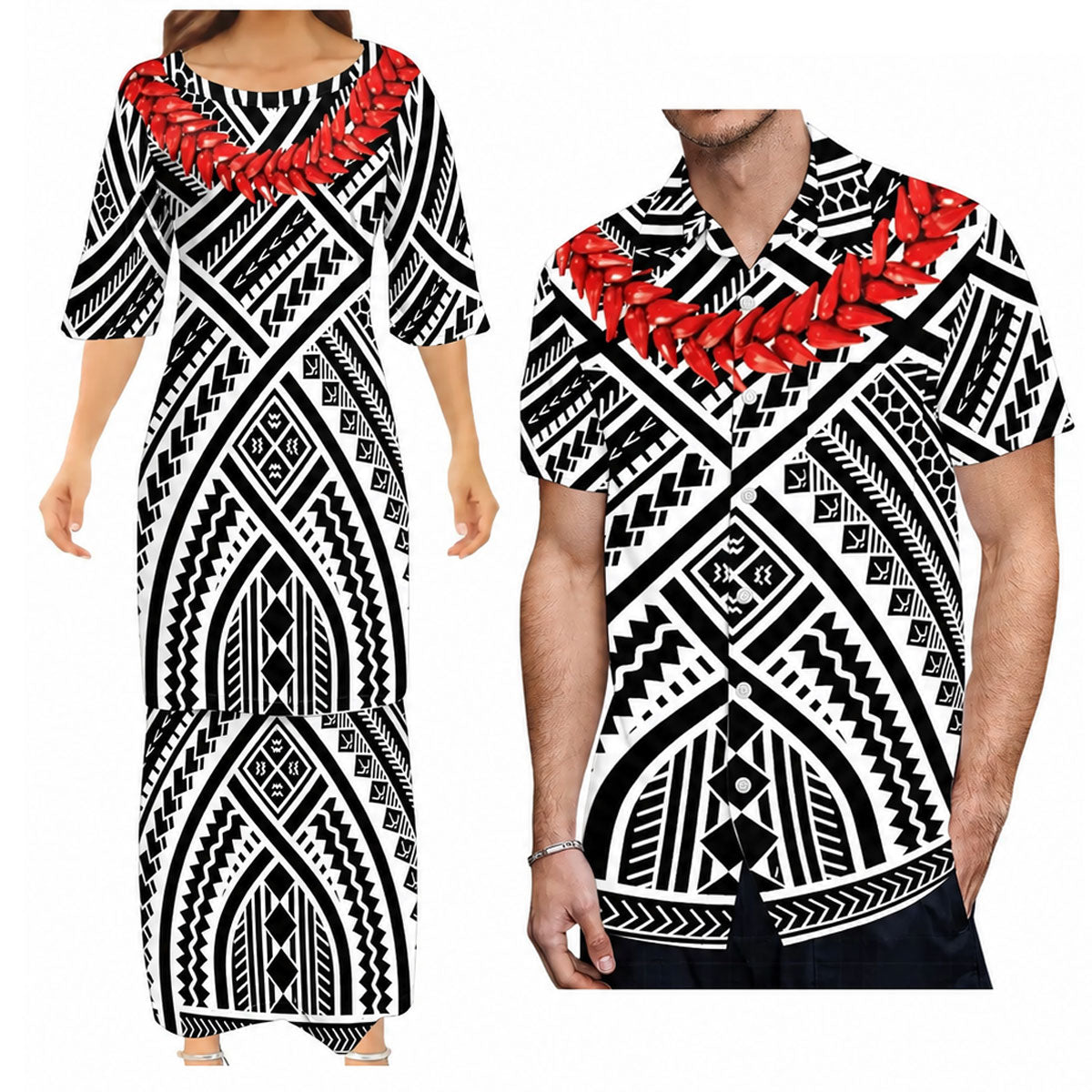 Summer Women's Dress Men's Shirt Couple Suit Samoan Necklace White Black Matching Outfit For Couple