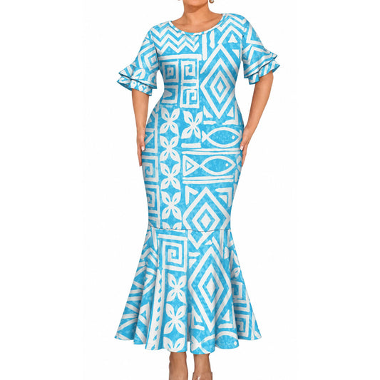 Polynesian Tribal Pattern Matching Outfit For Couple Blue Short Sleeve Mermaid Long Dress And Shirt For Him Her