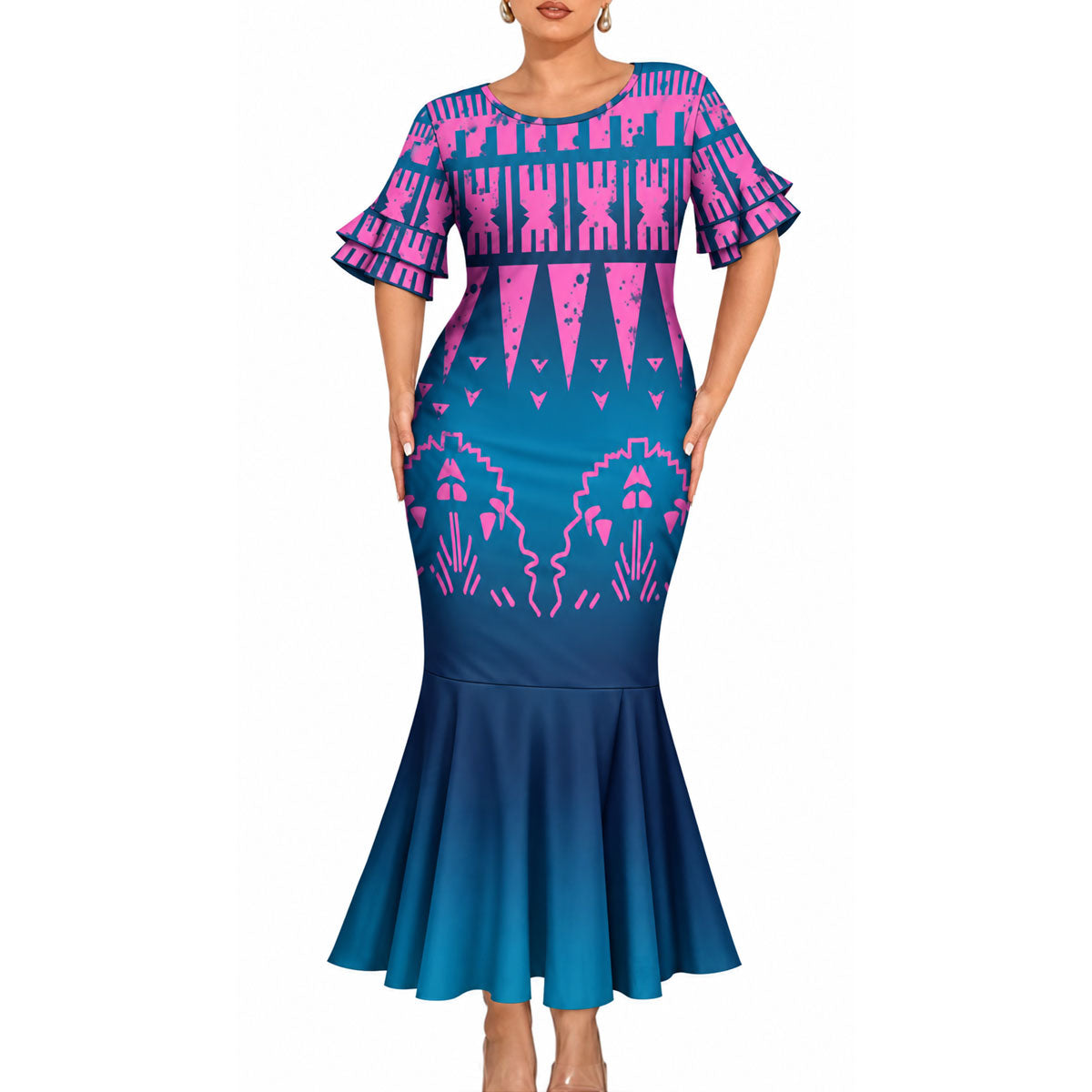 Polynesian Tribal Pattern Matching Outfit For Couple Island Short Sleeve Mermaid Long Dress And Shirt