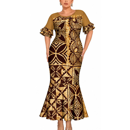Vintage Polynesian Tribal Pattern Matching Outfit For Couple Polynesian Island Short Sleeve Mermaid Long Dress And Hawaiian Shirt