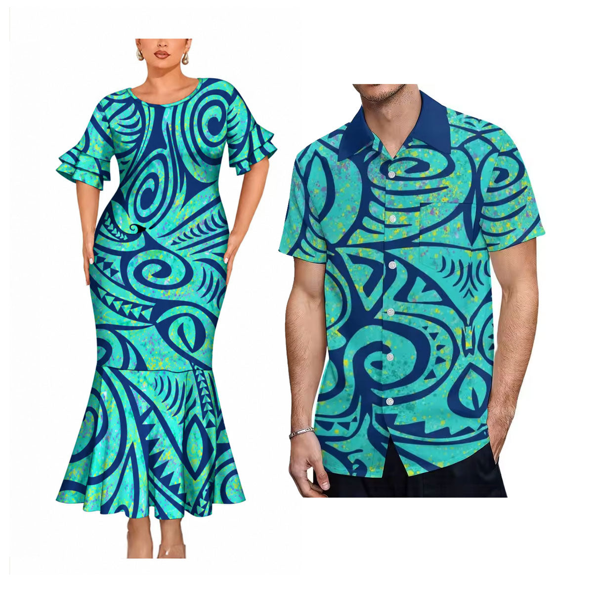 Polynesian Tribal Pattern Blue Matching Outfit For Couple Short Sleeve Mermaid Long Dress And Shirt