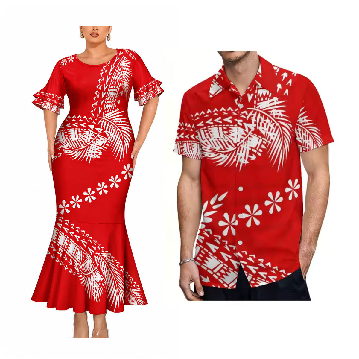 Red Polynesian Tribal Tropical Flowers Pattern Matching Outfit For Couple Short Sleeve Mermaid Long Dress And Shirt