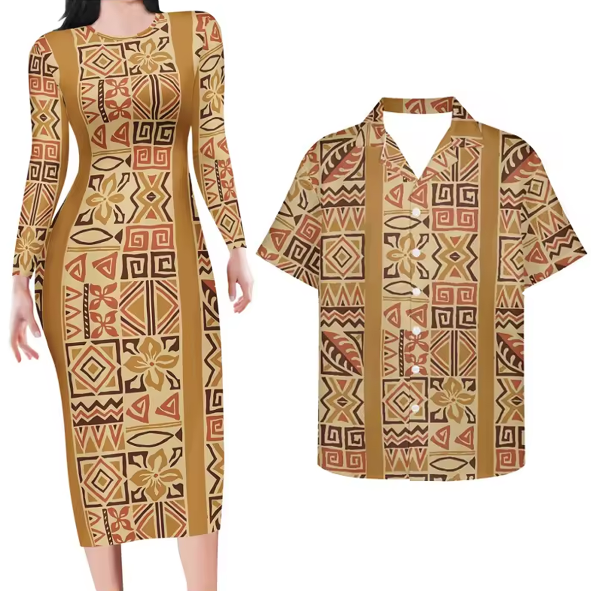 Vintage Polynesian Tribal Pattern Matching Outfit For Couples Island Bodycon Dress And Hawaii Shirt