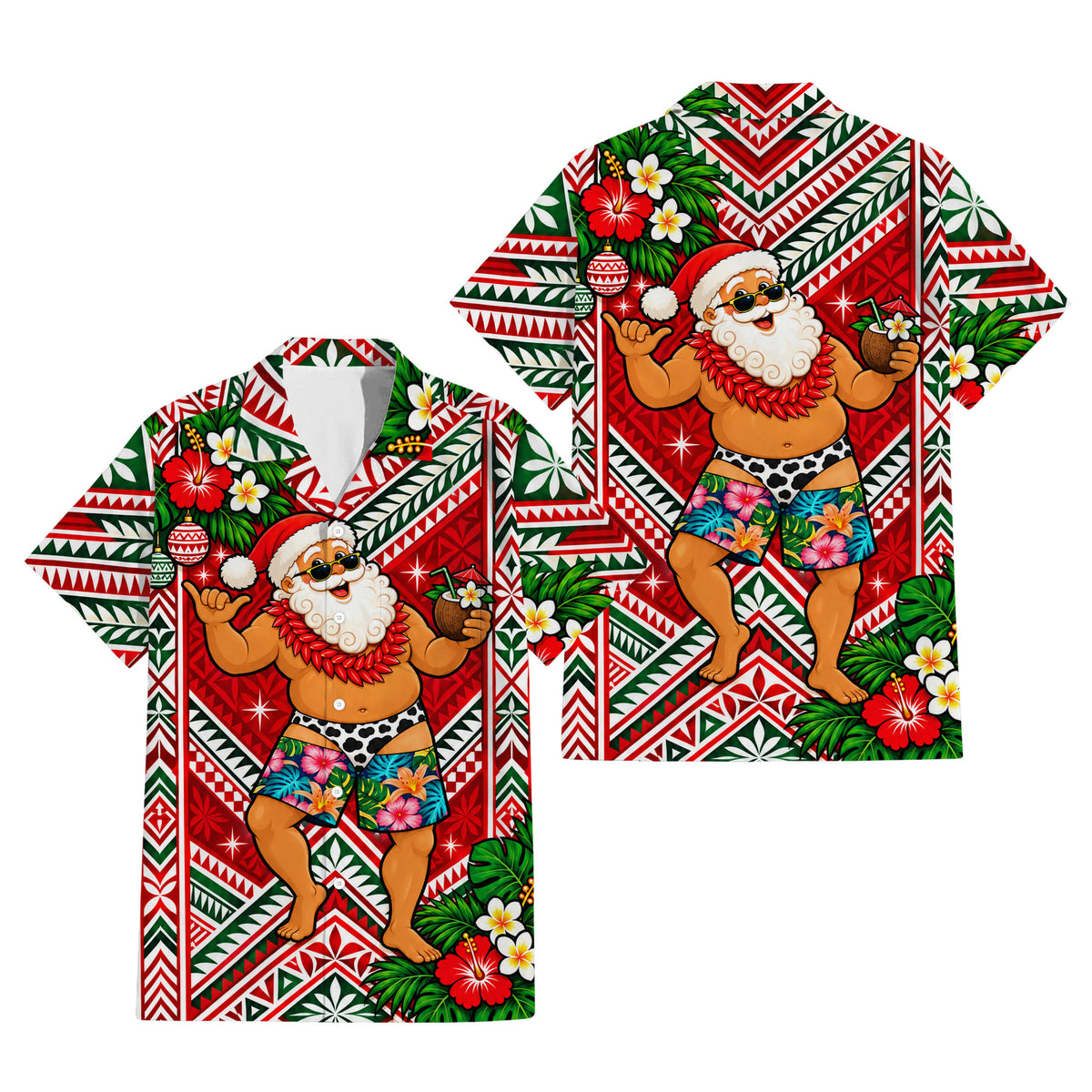 Funny Santa Couple Set Polynesian Tribal Christmas Pattern Couple Matching Outfit Island Short Sleeve Mermaid Long Dress And Shirt