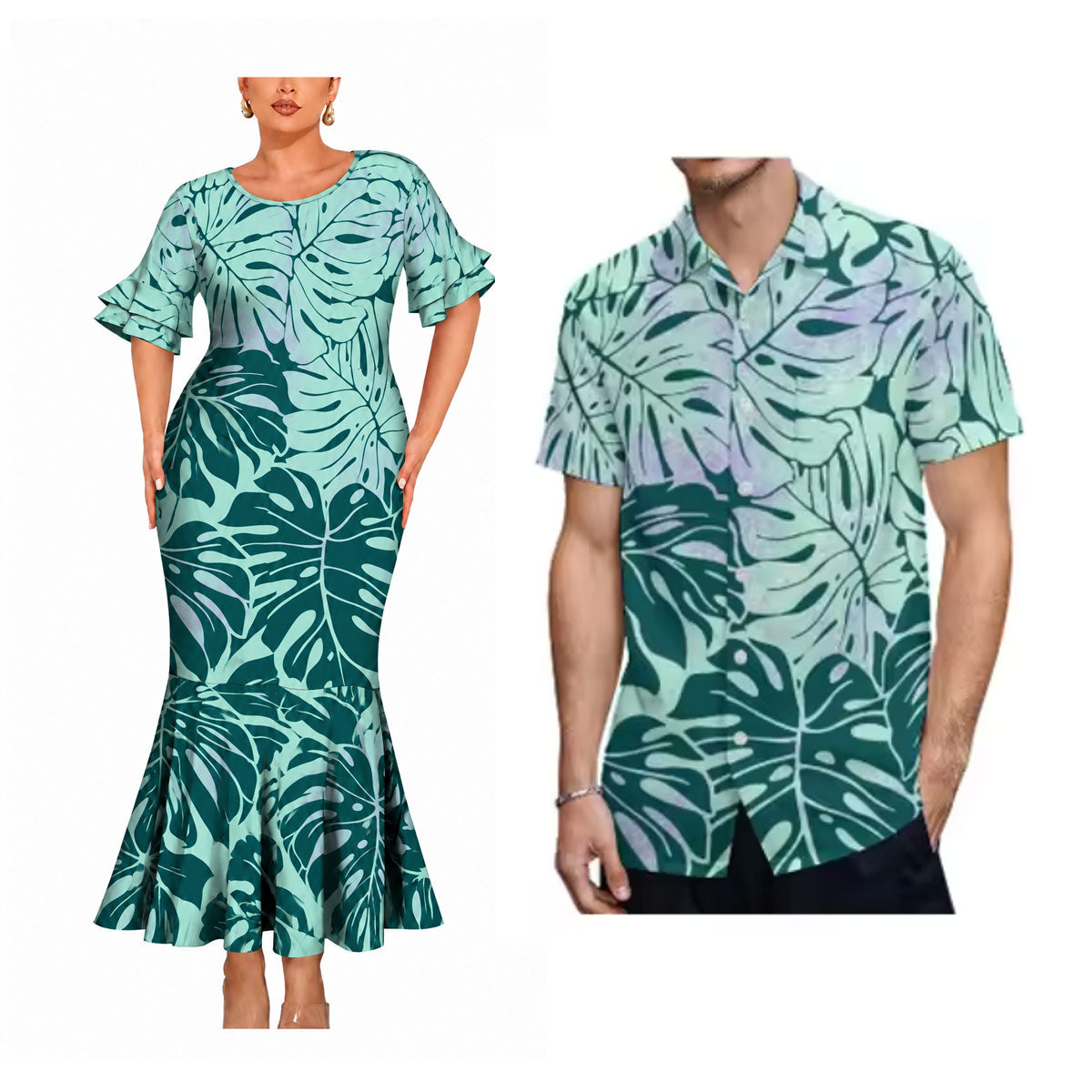 Polynesian Tropical Leaf Pattern Matching Outfit For Couple Short Sleeve Mermaid Long Dress And Shirt