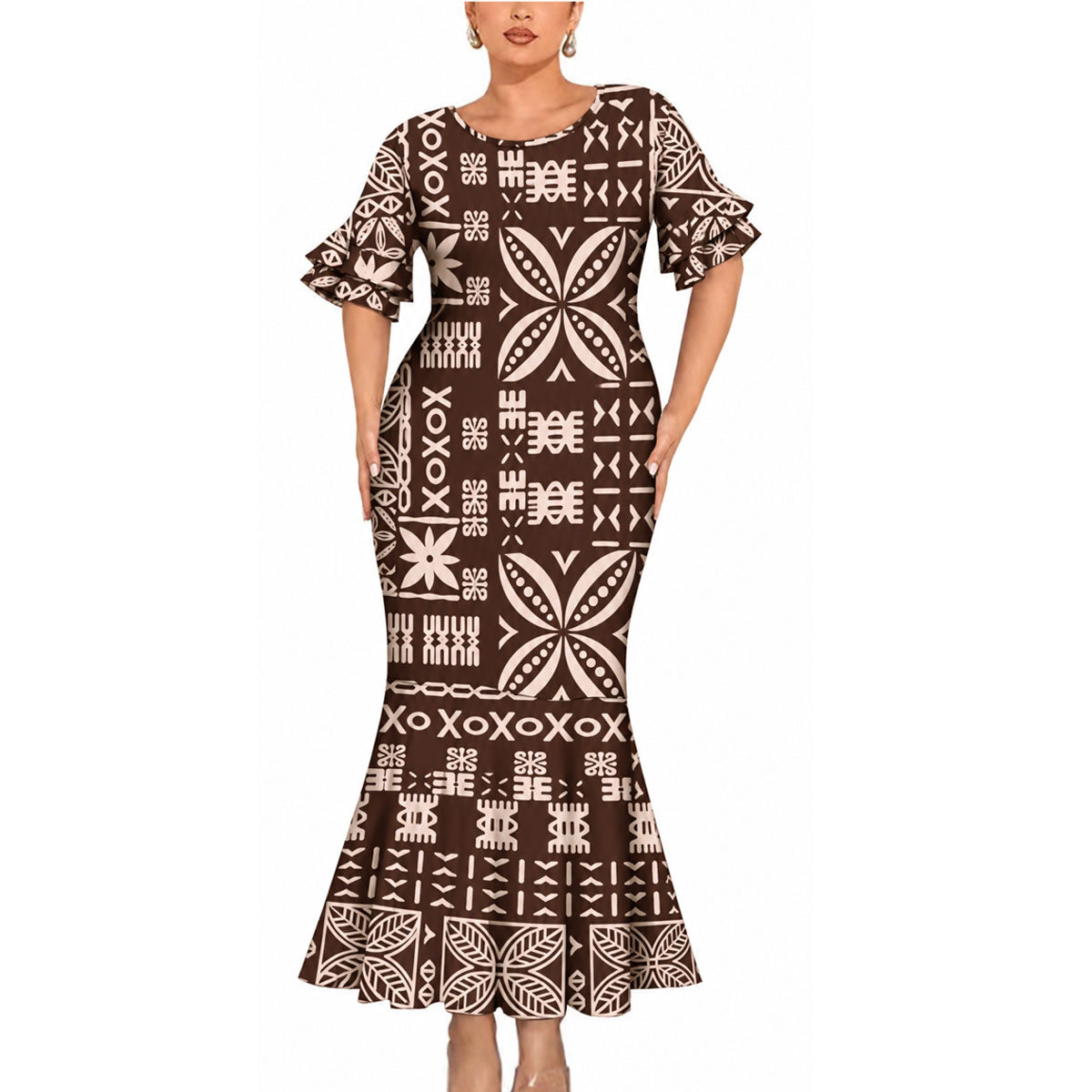 Vintage Polynesian Tribal Pattern Matching Outfit For Couple Polynesian Short Sleeve Mermaid Long Dress And Shirt