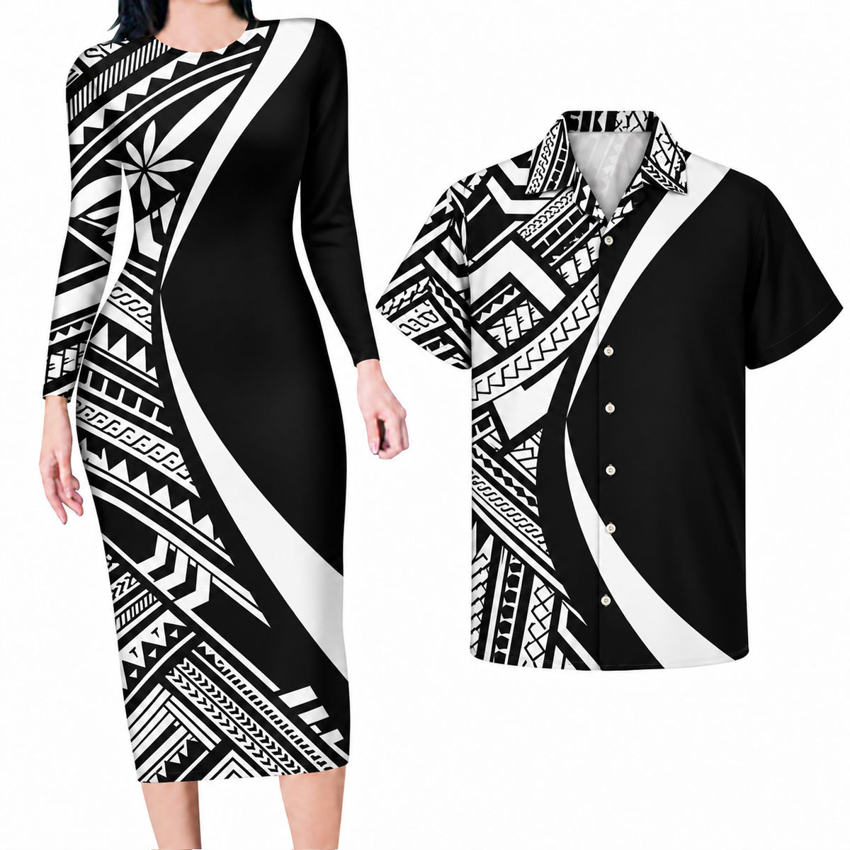 Polynesian Tribal Pattern Curve Style Matching Outfit For Couples Island Black Bodycon Dress And Hawaii Shirt