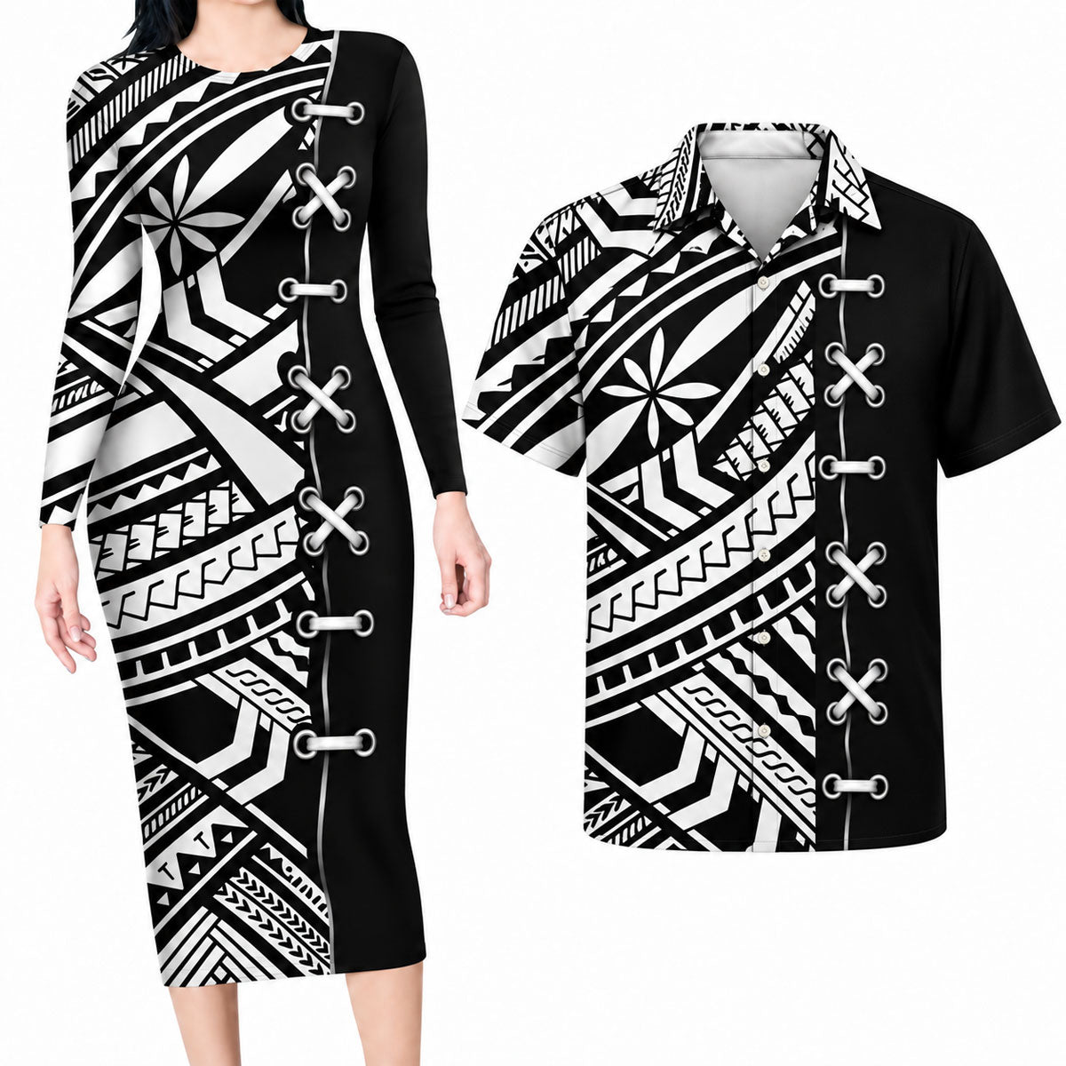 Polynesian Tribal Pattern Matching Outfit For Couples Island Black Bodycon Dress And Hawaii Shirt