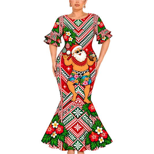 Funny Santa Couple Set Polynesian Tribal Christmas Pattern Couple Matching Outfit Island Short Sleeve Mermaid Long Dress And Shirt