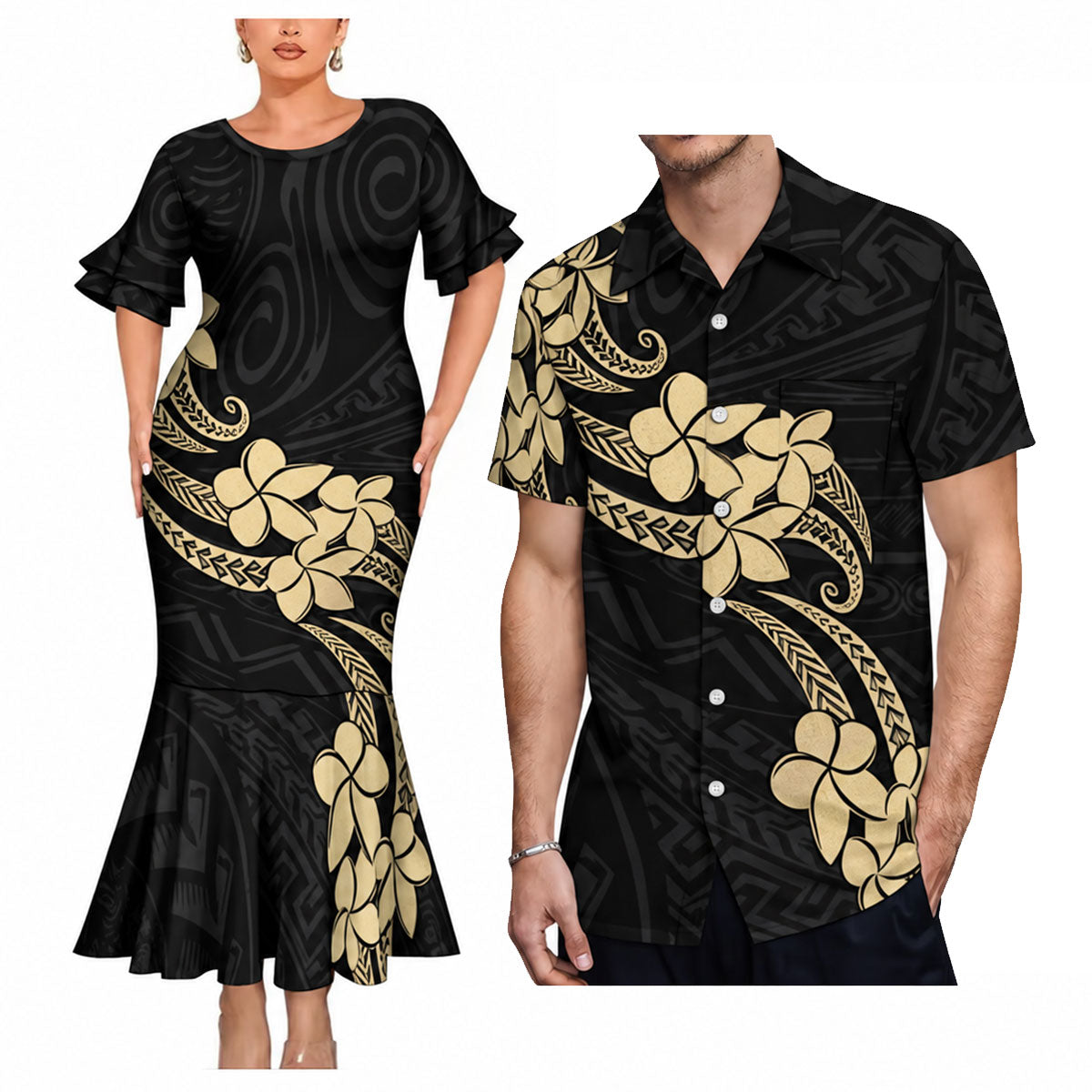 Plumeria Pattern Black Matching Outfit For Couple Polynesian Tribal Printed Short Sleeve Mermaid Long Dress And Hawaiian Shirt