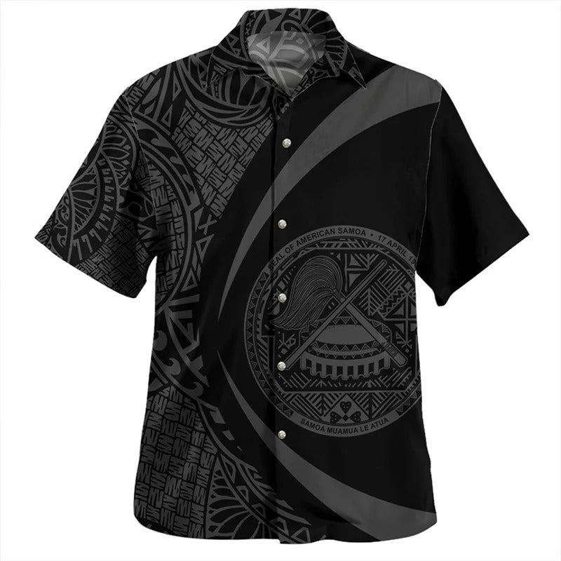 Samoa Coat of Arms Black Hawaiian Shirts Printed Polynesian Tribal Curve Style Short Sleeves Summer Casual Button Shirt