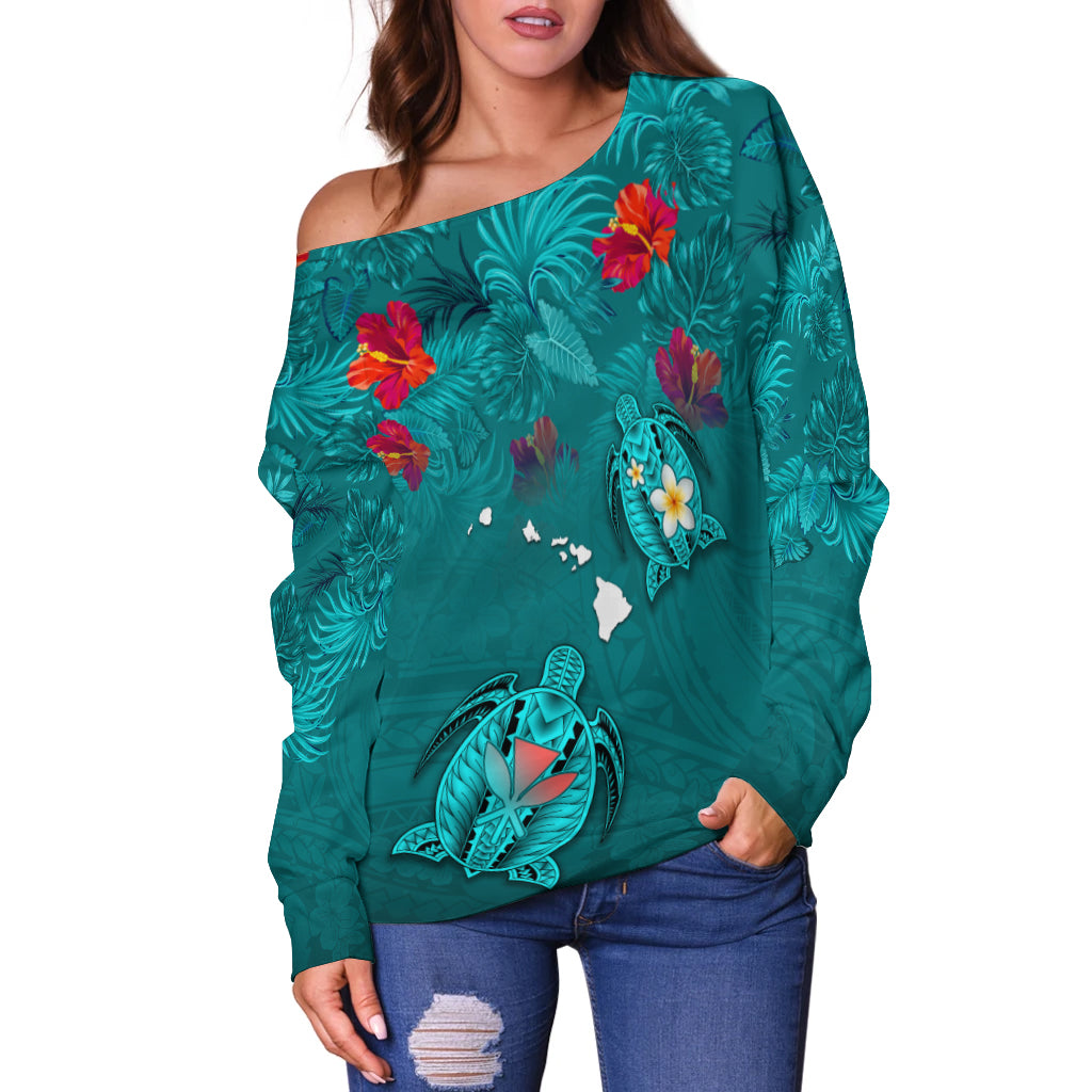 Hawaiian Islands Off Shoulder Sweater Hawaii Tropical Flowers and Turtles Turquoise