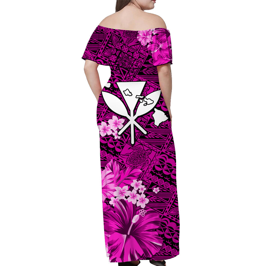 Custom Personalised Hawaii Off Shoulder Long Dress Map and Turtle Pink Flowers