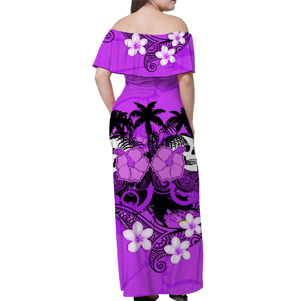 Hawaii Skull Off Shoulder Long Dress Mysterious Polynesia and Purple Flowers