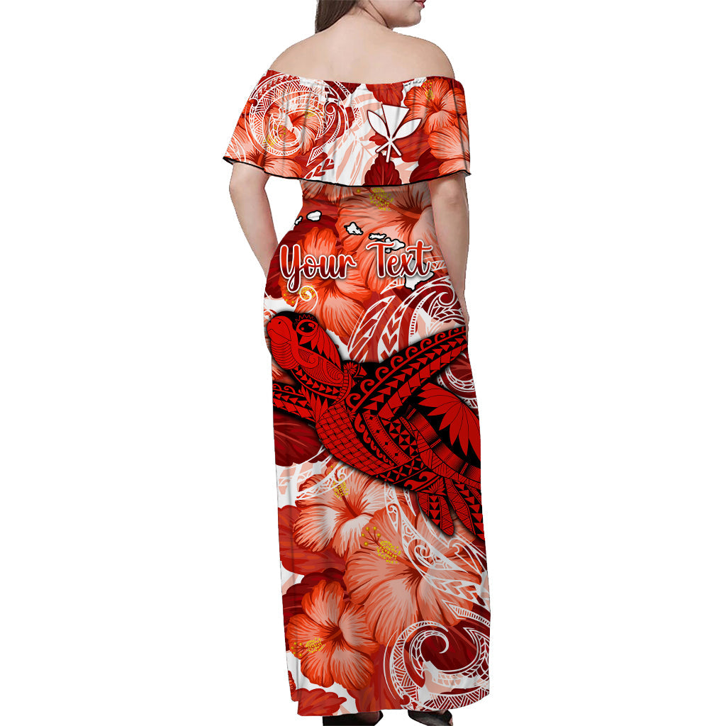 Custom Personalised Hawaii Off Shoulder Long Dress Red Polynesian Turtle and Hibiscus
