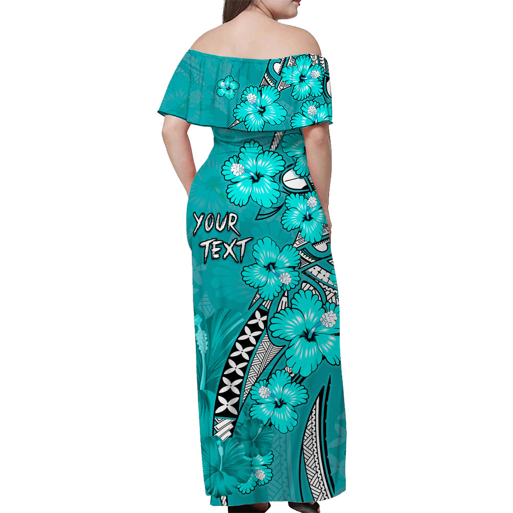 Custom Personalised Hawaii Off Shoulder Long Dress Polynesia Turquoise Hibiscus and Map Mystical