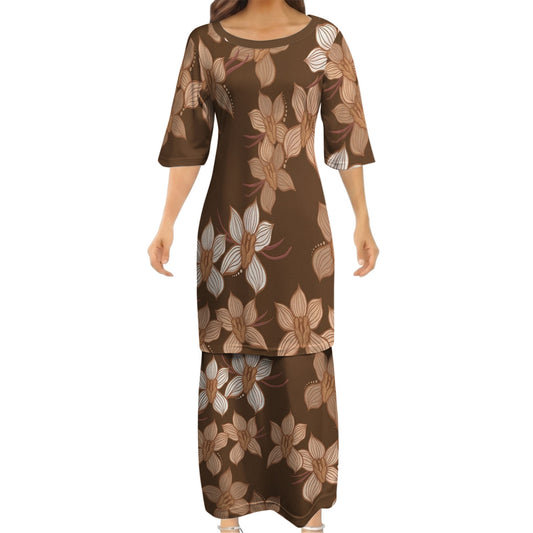 Puakenikeni Pikake Lei Curve Lei Flower Matching Outfit For Couple Island Vintage Brown Puletasi Dress And Shirt