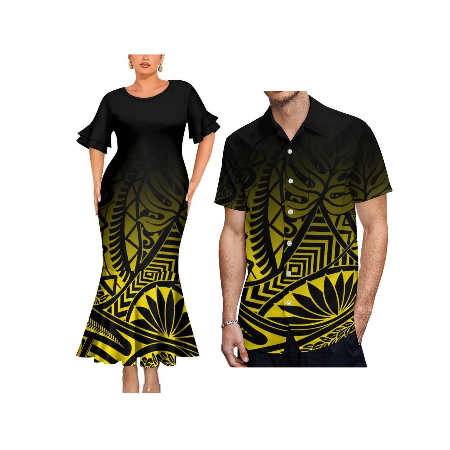 Polynesian Tribal Tropical Pattern Printed Couple Matching Dress Fishtail Skirt Dress And Hawaii Shirt Outfit