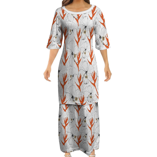 Puakenikeni Pikake Lei Curve Lei Flower Matching Outfit For Couple White Puletasi Dress And Shirt For Her Him