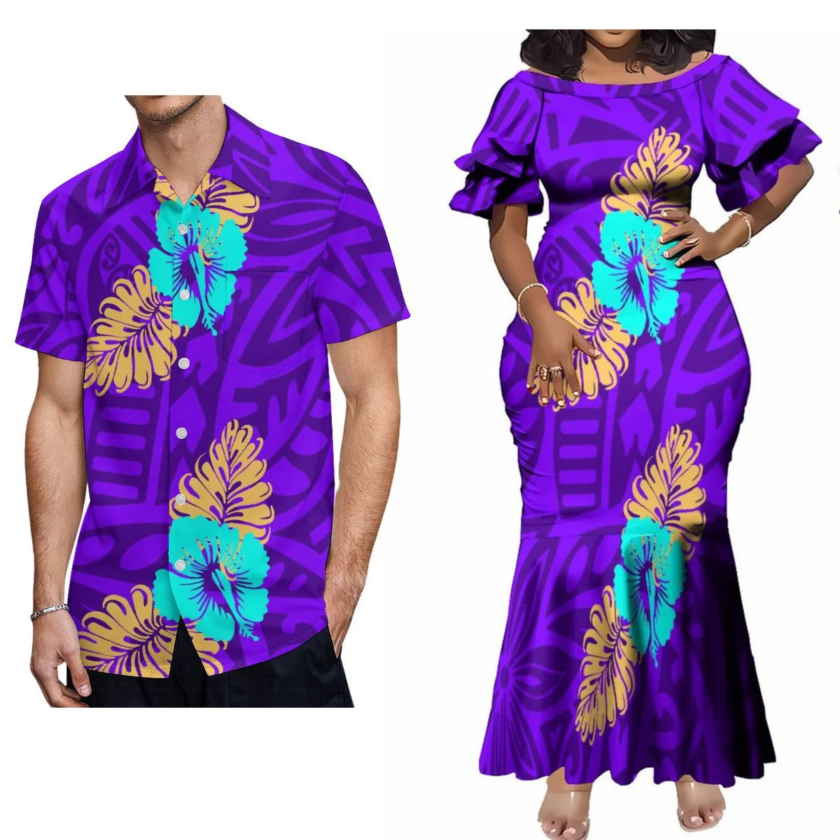 Polynesian Tribal Hibiscus Flowers Pattern Matching Outfit For Her Him Tropical Short-Sleeved Fishtail Dress And Hawaiian Shirt