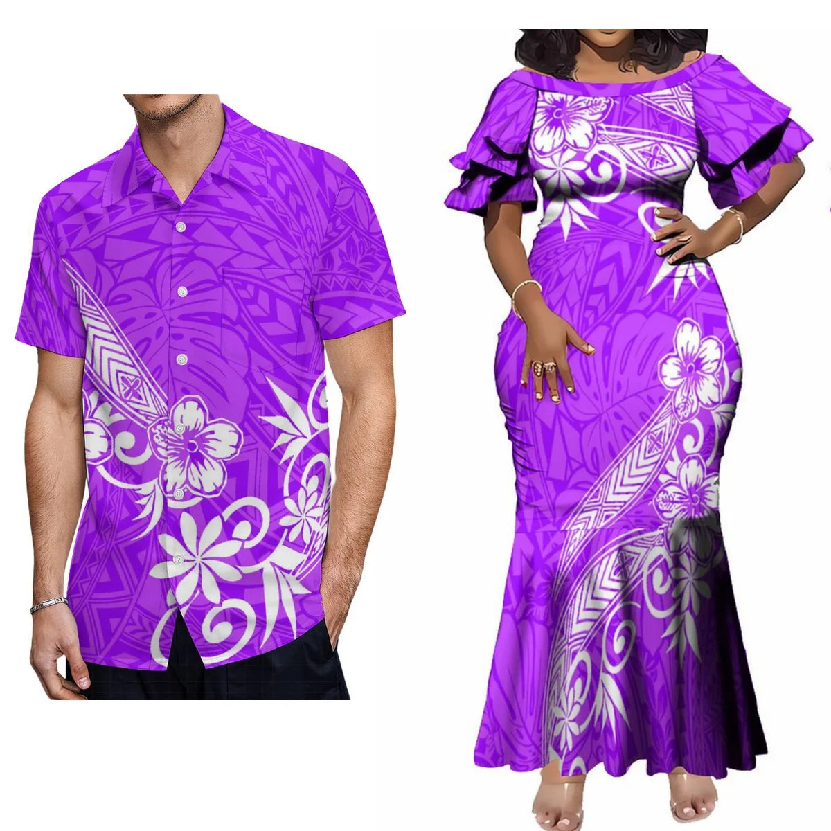 Polynesian Island Purple Matching Outfit For Couple Tropical Short-Sleeved Fishtail Dress And Hawaiian Shirt