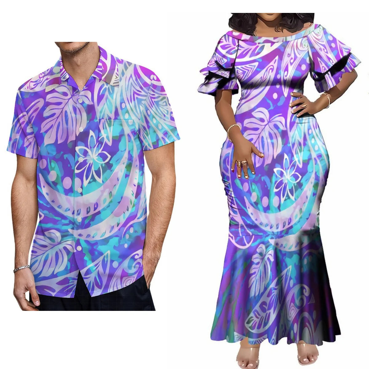 Polynesian Tribal Leaf Pattern Tropical Couple Matching Outfit For Her Him Fishtail Skirt Dress And Shirt