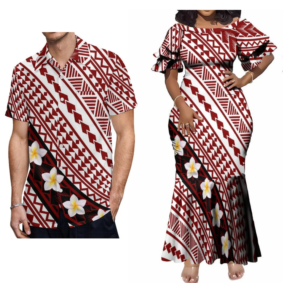 Plumeria Flowers Polynesian Tribal Pattern Couple Clothing Tropical Fishtail Dress And Hawaiian Shirt Matching Outfit For Her Him