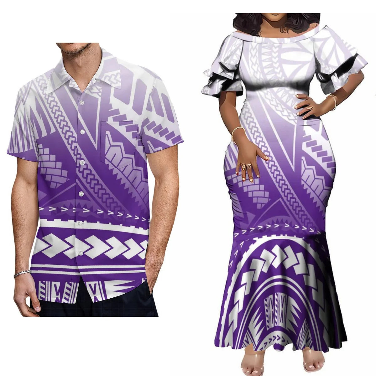 Polynesian Tribal Pattern Matching Outfit For Her Him Tropical Short-Sleeved Fishtail Dress And Hawaiian Shirt