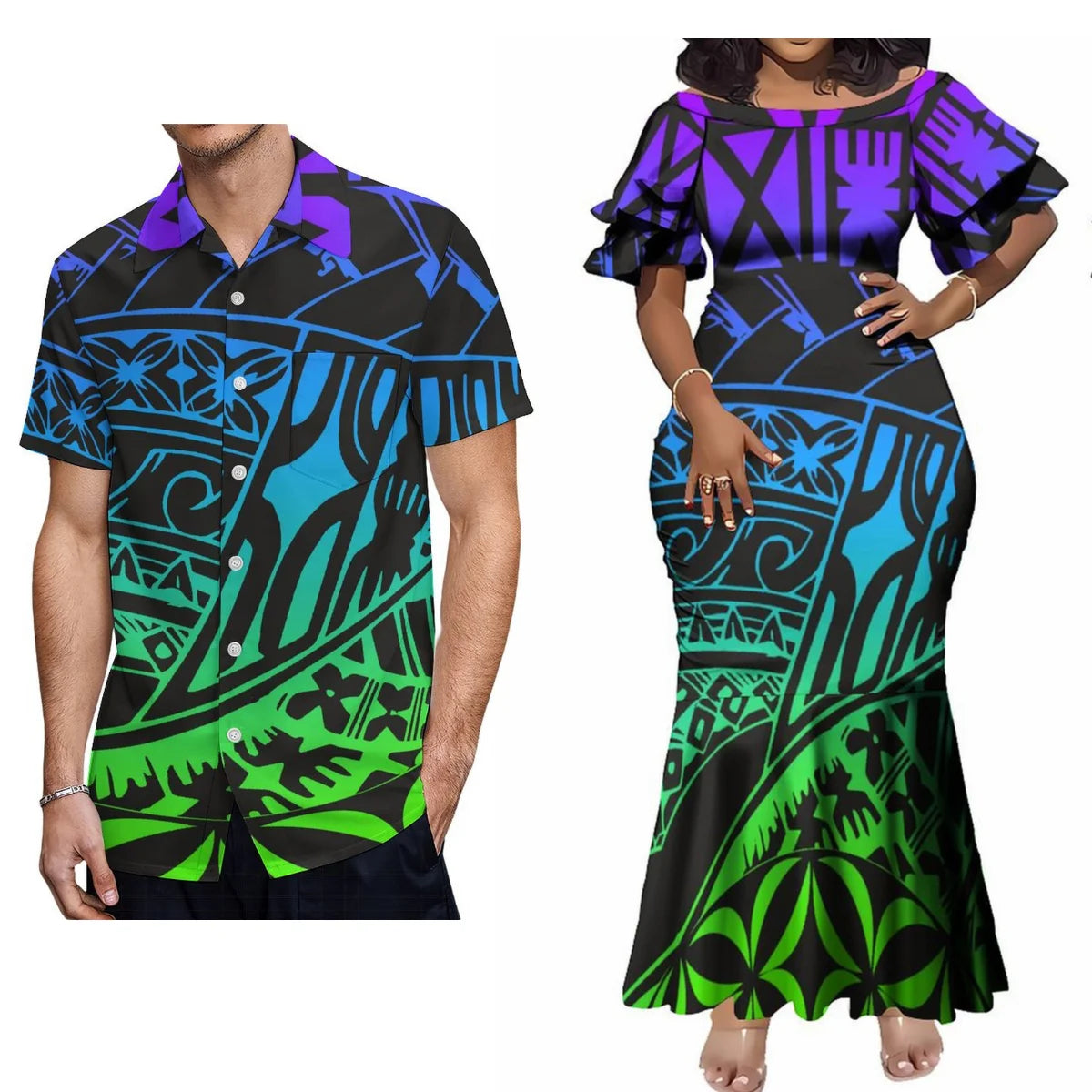 Polynesian Tribal Pattern Matching Outfit For Couple Tropical Short-Sleeved Fishtail Dress And Hawaiian Shirt