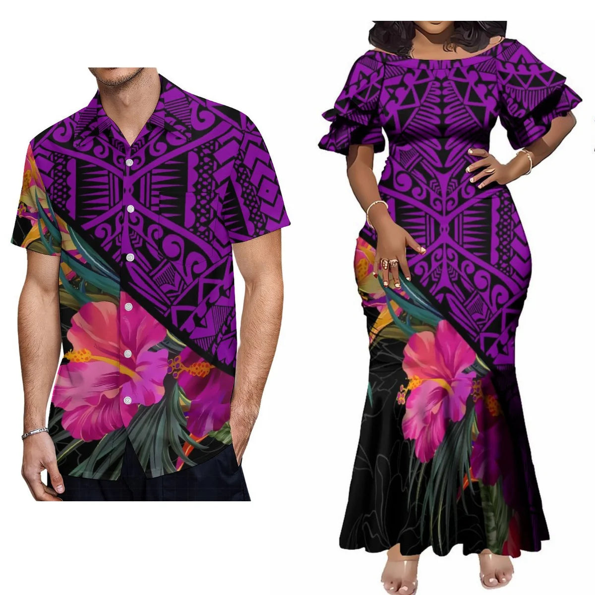 Polynesian Island Hibiscus Flowers Matching Outfit For Couple Tropical Short-Sleeved Fishtail Dress And Hawaiian Shirt