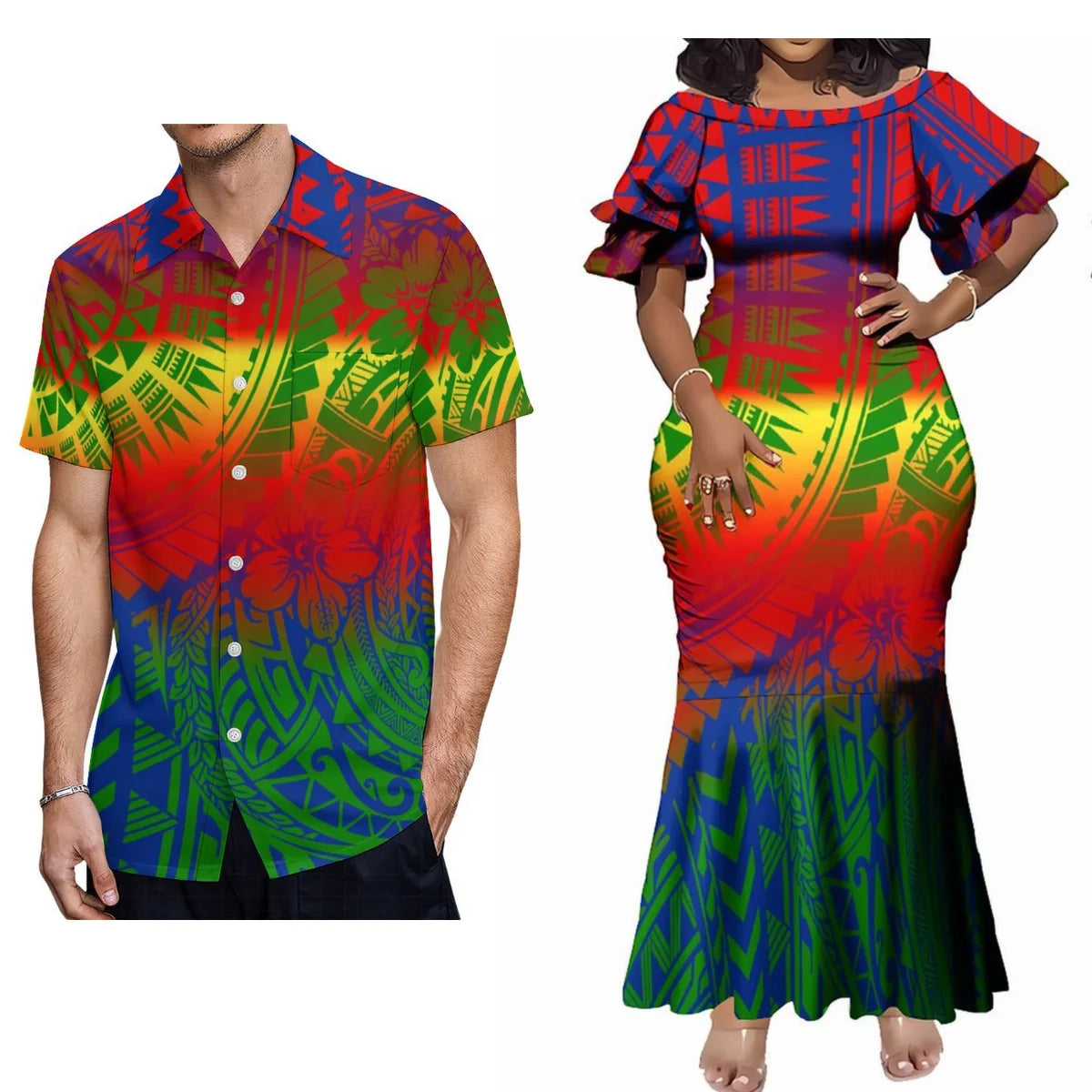 Polynesian Tribal Hibiscus Flowers Pattern Couple Clothing Tropical Fishtail Dress And Hawaiian Shirt Matching Outfit For Her Him
